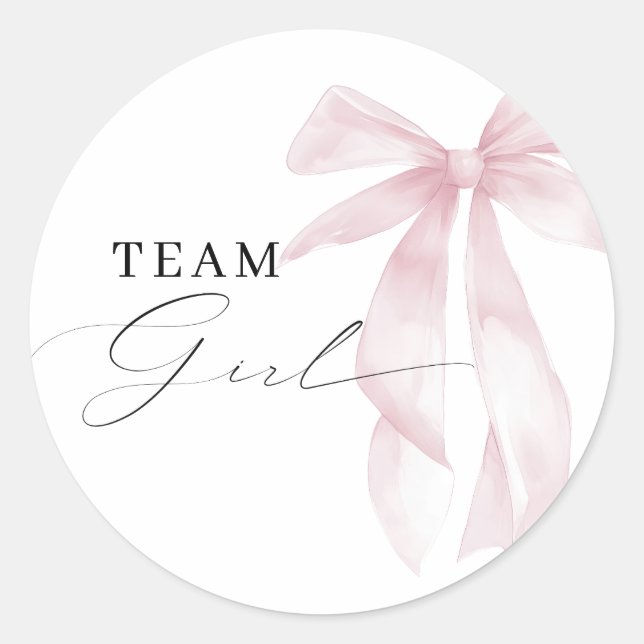 Pink Bow Team Girl Gender Reveal Runder Aufkleber (Vorderseite)