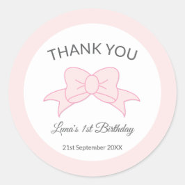 Pink Bow Thank You Girl Kids 1st Birthday  Runder Aufkleber