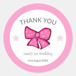 Pink Bow Thank You Girl Kids 1st Birthday  Runder Aufkleber