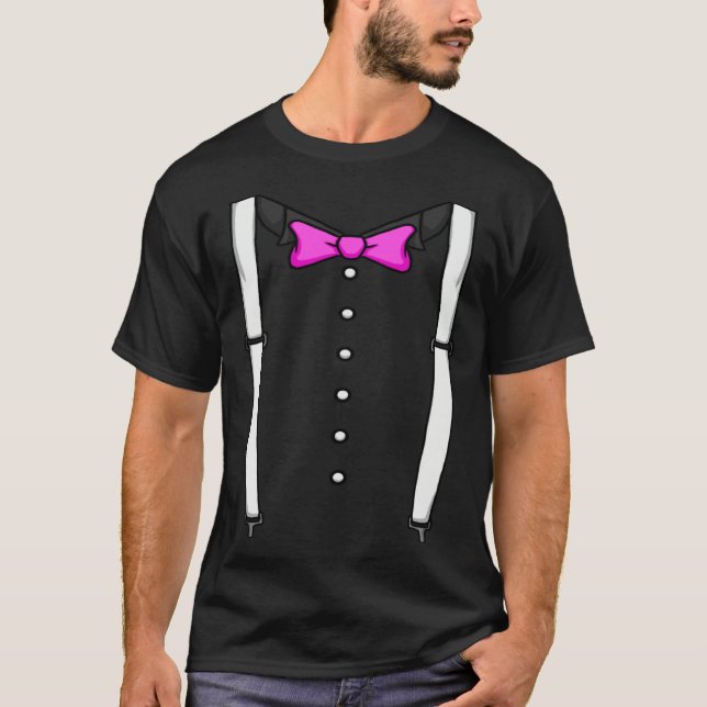 Pink Bow Tie Suspenders Cummerbund Tuxedo Bow Tie T-Shirt (Vorderseite)