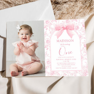 Pink Bow Toile Chinoiserie 1. Geburtstag Foto Einladung