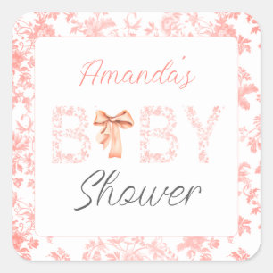 Pink Bow Toile de Jouy Floral Baby Dusche Quadratischer Aufkleber