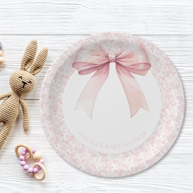 Pink Bow Toile Girl Babydusche Teller (Pink Bow Toile Girl Baby Shower Paper Plates)