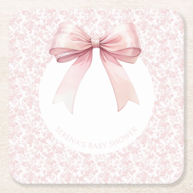 Pink Bow Toile Girl Babydusche Teller Rechteckiger Pappuntersetzer (Vorderseite)