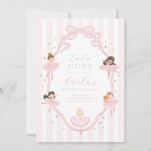 Pink Bow Tutu Cute Ballerina Birthday Invitation Einladung (Vorderseite)
