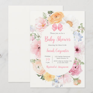 Pink Bow und Floral Baby Shower Girl Einladung