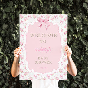 Pink Bow und Floral Girl Baby Dusche Willkommen Poster