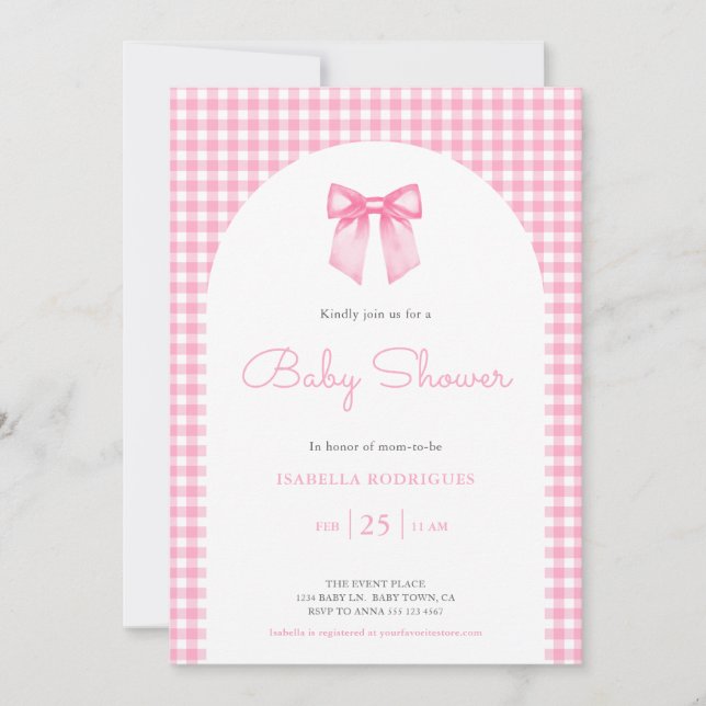 Pink Bow und Gingham Baby Dusche Einladung (Vorderseite)