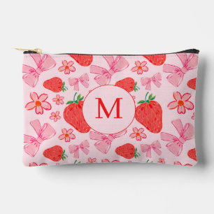 Pink Bow und Strawberry Girly Pattern Monogram Zubehörtasche