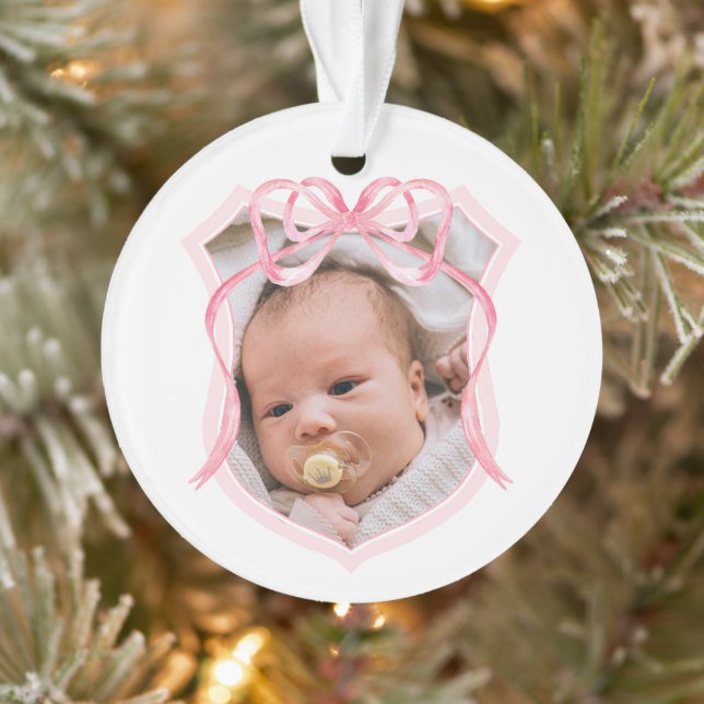 Pink Bow Wappen Taufe Foto Ornament (Baum)