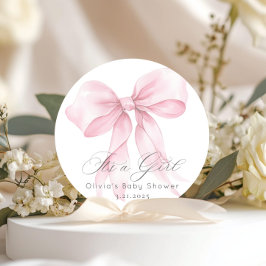 Pink Bow Watercolor Es ist eine Mädchen-Babydusche Runder Aufkleber
