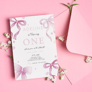 Pink Bow Watercolor Girl 1. Geburtstag Party Einladung