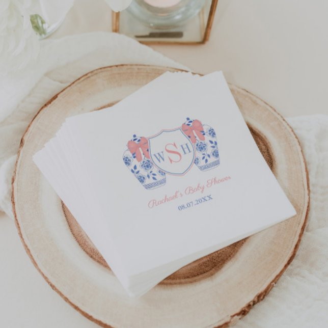 Pink Bow Watercolor Girl Monogram Babydusche Serviette (Preppy ginger jars with pink bows and 3 letter monogram baby girl shower party napkins)