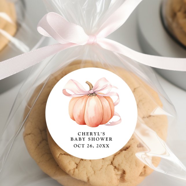 Pink Bow Watercolor Pumpkin Baby Dusche Runder Aufkleber (Von Creator hochgeladen)