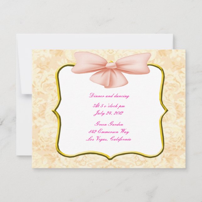 Pink Bow Wedding Reception Card Einladung (Vorderseite)