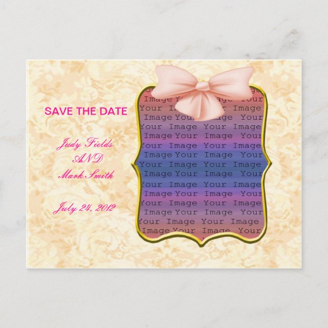 Pink Bow Wedding Save the Date Postcard Ankündigungspostkarte (Vorderseite)