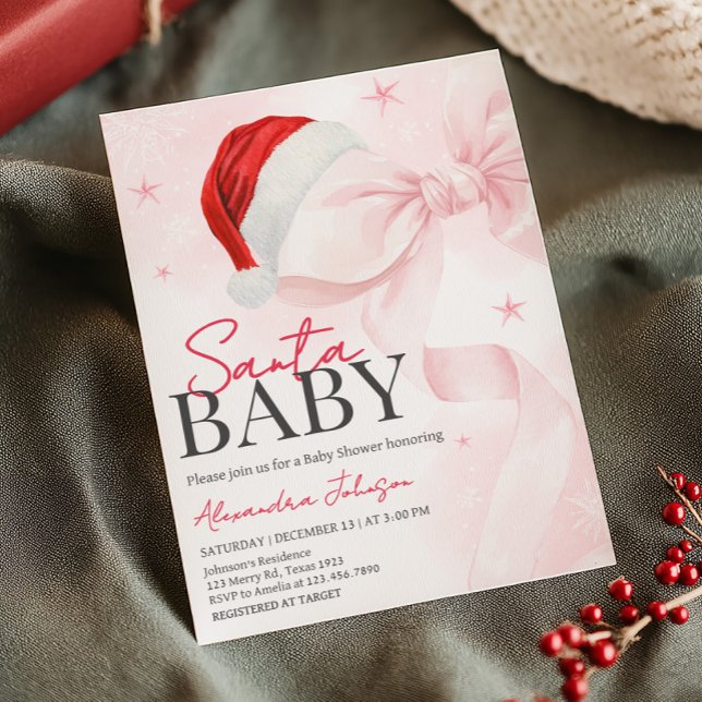 Pink Bow Weihnachts-Winter-Kinderdusche Einladung (Coquette Pink Bow Santa Baby Christmas Baby Shower Invitation)