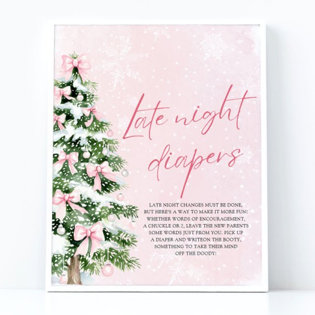 Pink Bow Weihnachtsdusche Späte Nachttaucher Poster (Pink Bows Christmas Baby Shower Late Night Diapers Game Sign)