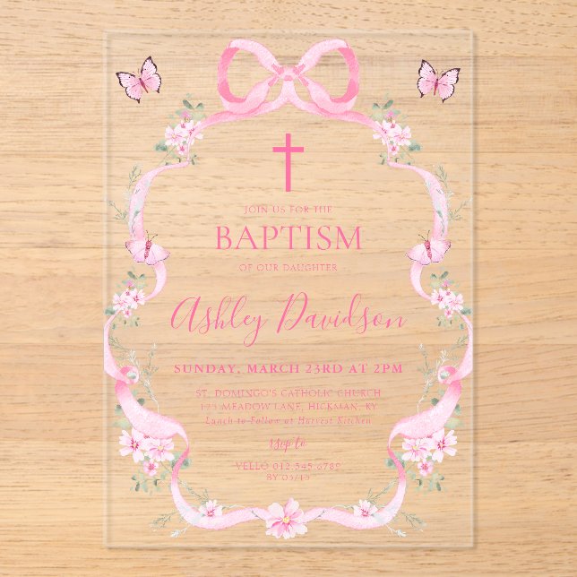 Pink Bow Wildflower Butterfly Baptism Christening Acryleinladungen (Vorderseite)