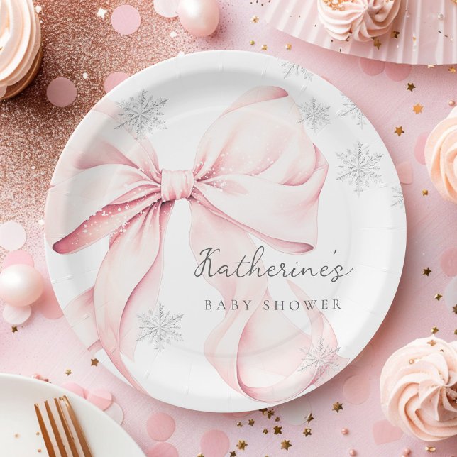 Pink Bow Winter Baby Shower Party Paper Plate Pappteller (Von Creator hochgeladen)