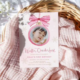 Pink Bow Winter Onederland Erster Geburtstag Einladung