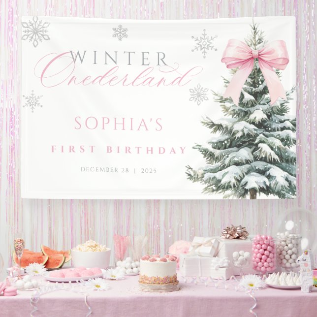 Pink Bow Winter Onederland First Birthday Banner (Party)