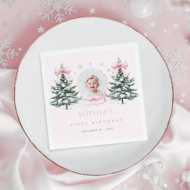 Pink Bow Winter Onederland First Birthday Napkins Serviette (Von Creator hochgeladen)