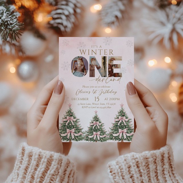 Pink Bow Winter Onederland Girl 1st Birthday Photo Einladung (Von Creator hochgeladen)
