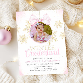 Pink Bow Winter Onederland Girl Erster Geburtstag Einladung