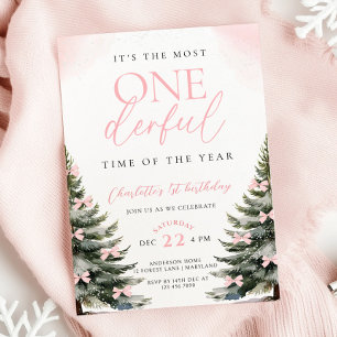 Pink Bow Winter Onerderland Girl 1. Geburtstag Einladung