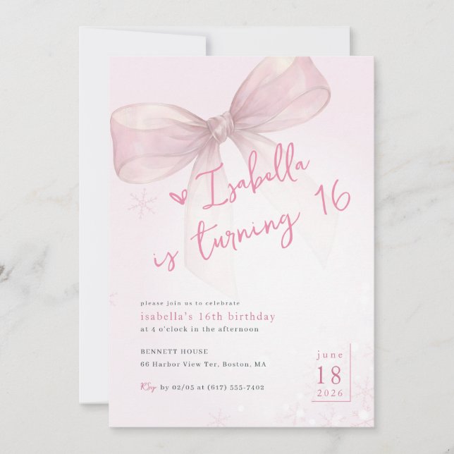 Pink Bow Winter Snowflake Girl 16th Birthday Einladung (Vorderseite)