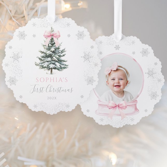 Pink Bow Winter Tree First Christmas Ornament Karte (Von Creator hochgeladen)