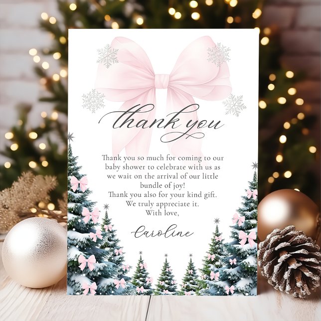 Pink Bow Winter Trees Baby Shower Thank You Card Dankeskarte (Von Creator hochgeladen)