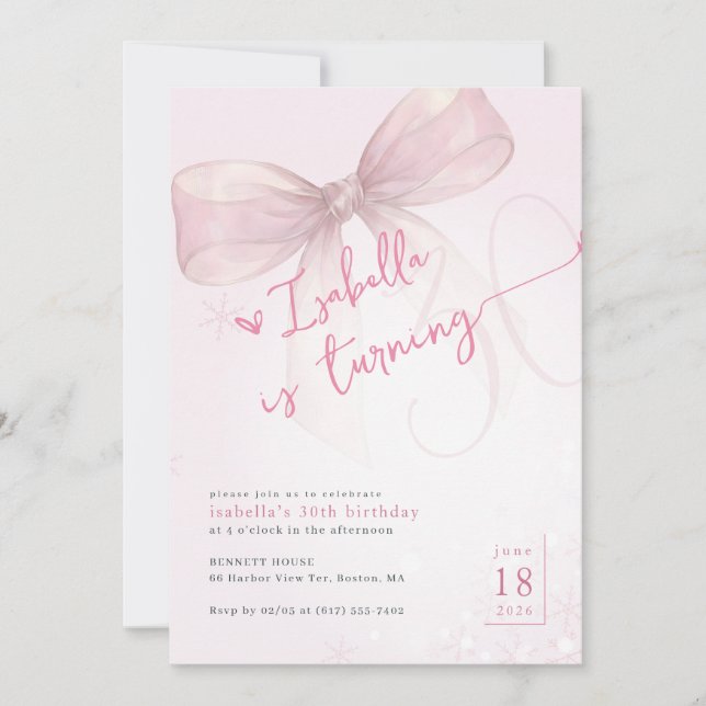 Pink Bow Winter Turning 30 Birthday Themes Einladung (Vorderseite)