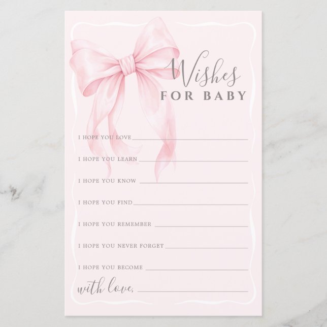 Pink Bow Wishes Advice Game for Girl Baby Shower  (Vorderseite)