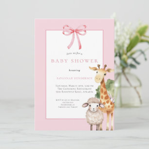 Pink Bow Woodland Animals Baby Dusche Einladung