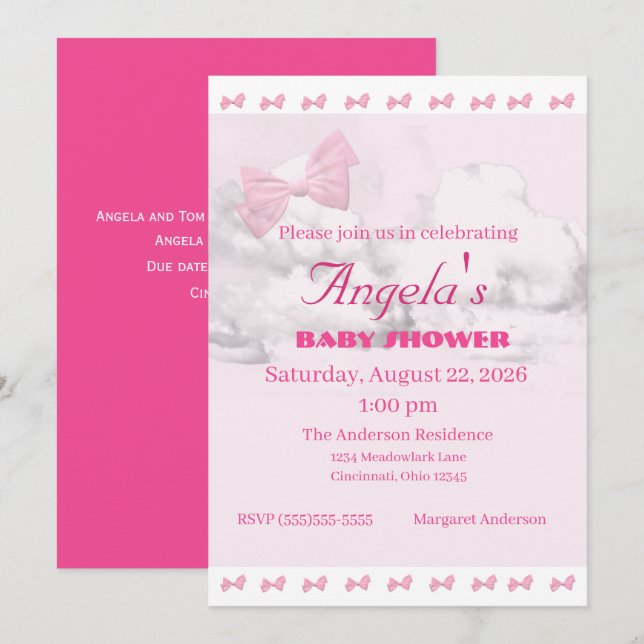 Pink Bows Baby Shower Invitation Einladung (Vorne/Hinten)