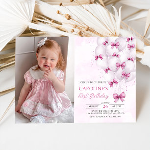 Pink Bows Balloons Girl Birthday Foto Einladung