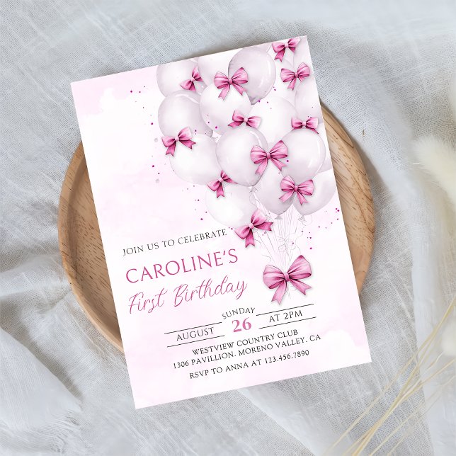 Pink Bows Balloons Girl Geburtstagseinladung Einladung (Von Creator hochgeladen)