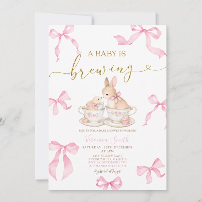 Pink Bows Bunny Tea Party Baby Shower Invitation Einladung (Vorderseite)