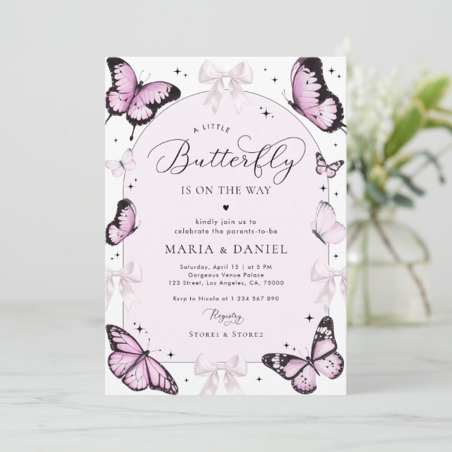Pink Bows & Butterflies Pink Girl Baby Dusche Einladung (Stehend Vorderseite)