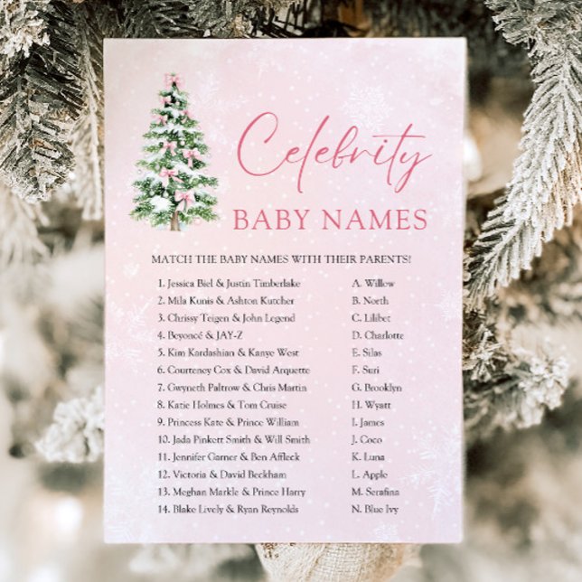 Pink Bows Christmas Tree Celebrity Baby Name Game Einladung (Pink Bows Christmas Tree Celebrity Baby Name Game)