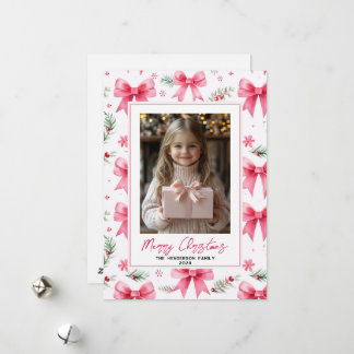 Pink Bows Custom Christmas Foto & Name Feiertagskarte