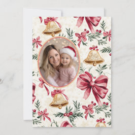 Pink Bows Gold Bells Foto Weihnachtskarte Feiertagskarte