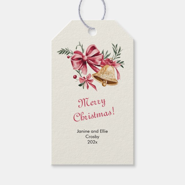 Pink Bows Gold Bells Weihnachten Geschenkanhänger (Vorderseite)