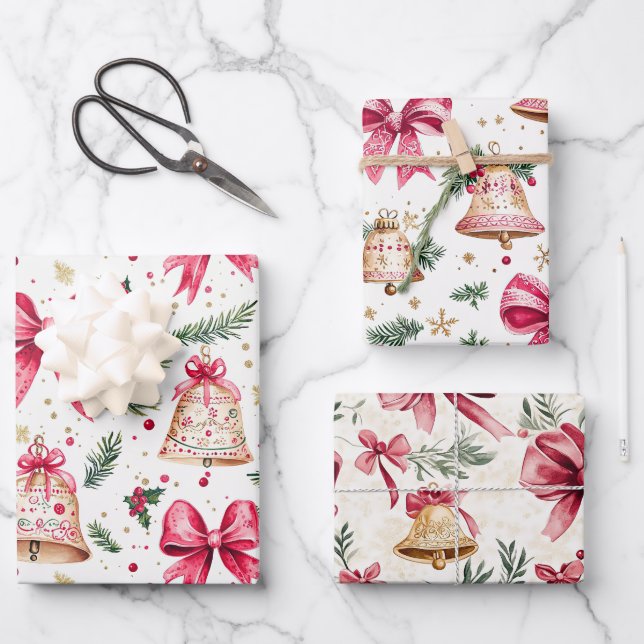 Pink Bows Gold Bells Weihnachten Geschenkpapier Set (Vorderseite)