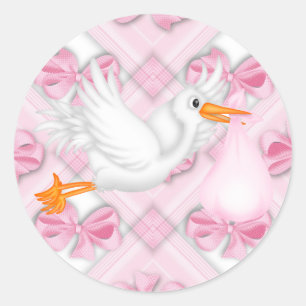 Pink Bows Pink Stork Baby Shower Stickers