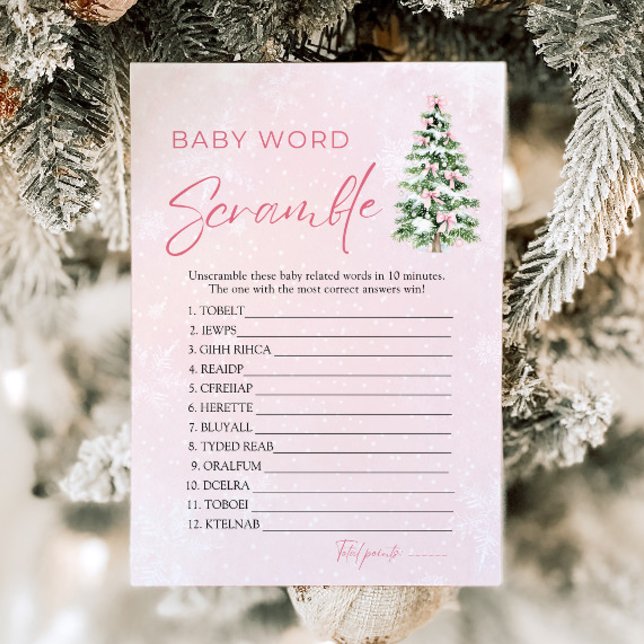 Pink Bows Weihnachtsbaum Baby Word Scramble Game Einladung (Pink Bows Christmas Tree Baby Word Scramble Game )