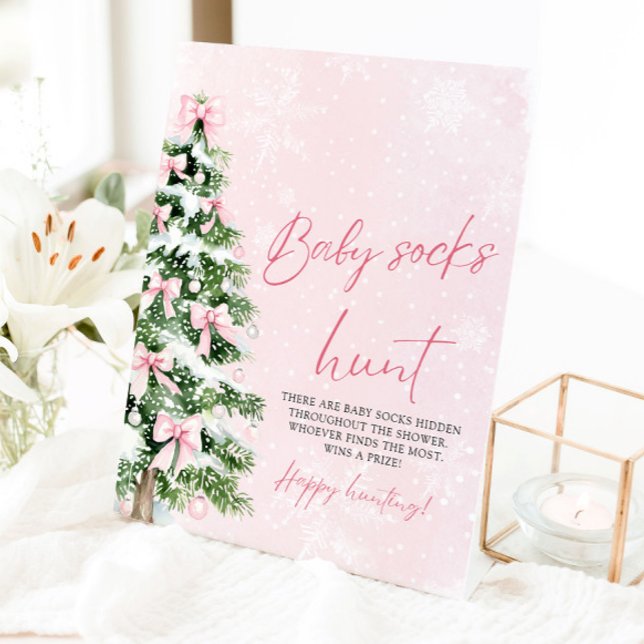 Pink Bows Weihnachtsbaum Babysocken Jagd Spiel Sockelschild (Pink Bows Christmas Tree Baby Socks Hunt Game Pedestal Sign)