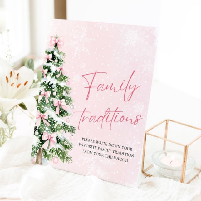 Pink Bows Weihnachtsbaum Familie Tradition Spiel Sockelschild (Pink Bows Christmas Tree Family Traditions Game Sign)